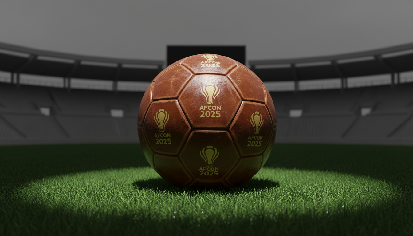 A gleaming, weathered leather football resting at the center of a spotless, lush green pitch, its rich brown panels imprinted with intricate gold AFCON 2025 insignia. The scene is surrounded by a minimalist matte-gray stadium background, stripped of crowds for maximum focus on the ball. Dramatic, precisely angled studio lighting carves sharp, crisp shadows beneath the ball, accentuating its texture and casting a bold spotlight around it. Captured at eye level with a centered composition and razor-sharp detail throughout, the moment feels powerful and charged with anticipation. The mood exudes intensity and boldness, perfectly reflecting the gravity of the AFCON road to glory. The style is photographic realism with a clean, modern minimalism, embodying the tournament’s high stakes and electrifying spirit.
